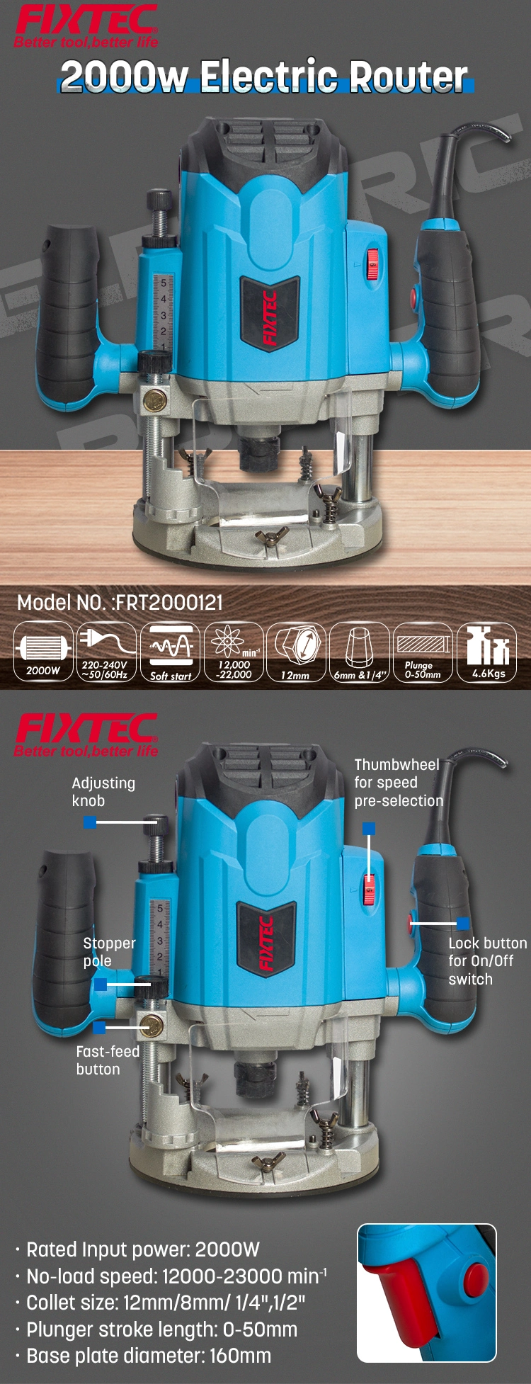 Fixtec 2000W Electric Wood CNC Routers Table Machine Electric Plunge Wood Router with Edge